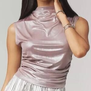 ANTHROPOLOGIE x MAEVE Metallic Shine Ruched Top Pink Silver Sz L $98 {T54}